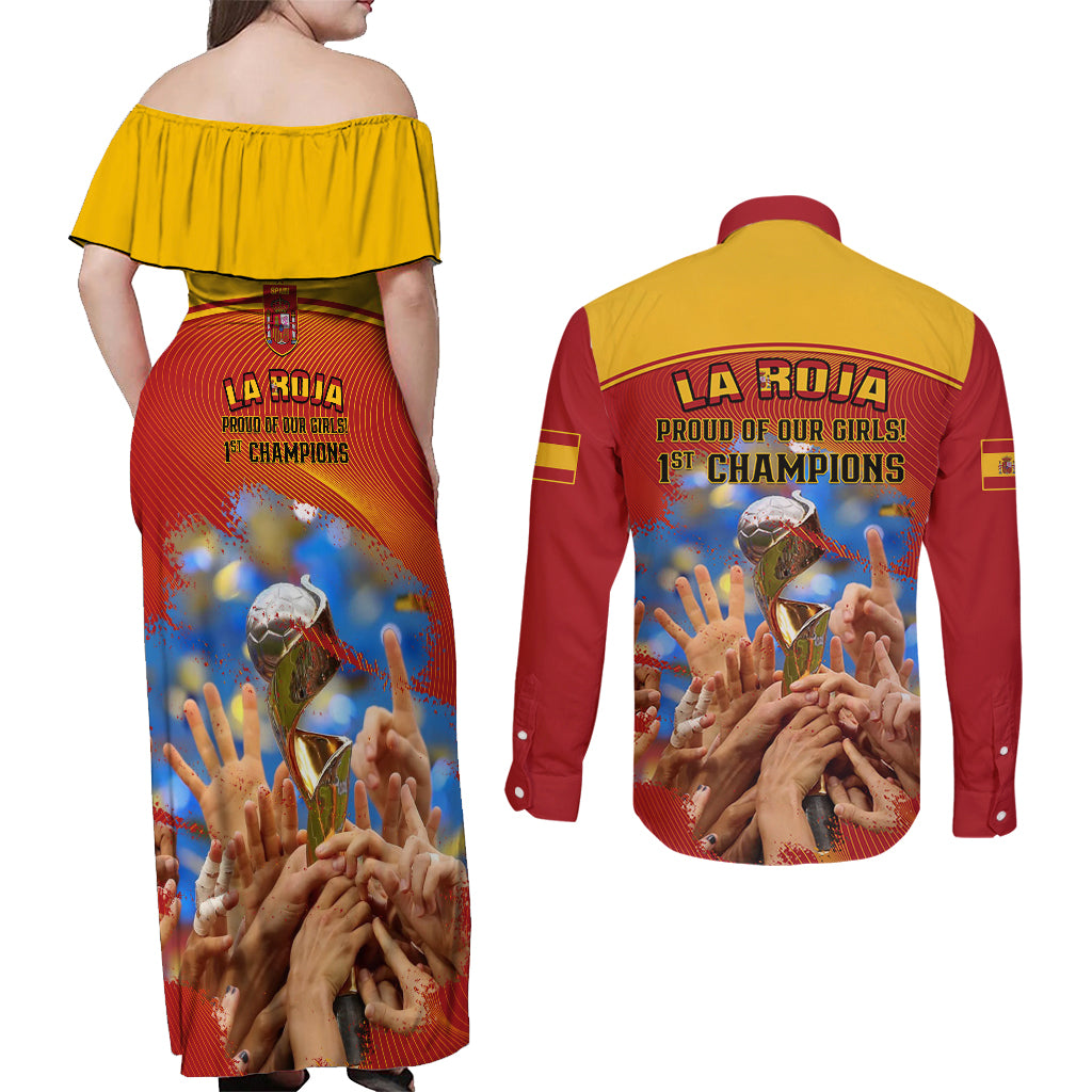 Spain Football Couples Matching Off Shoulder Maxi Dress and Long Sleeve Button Shirts 2023 World Cup Champions Proud Of Our Girls - Wonder Print Shop