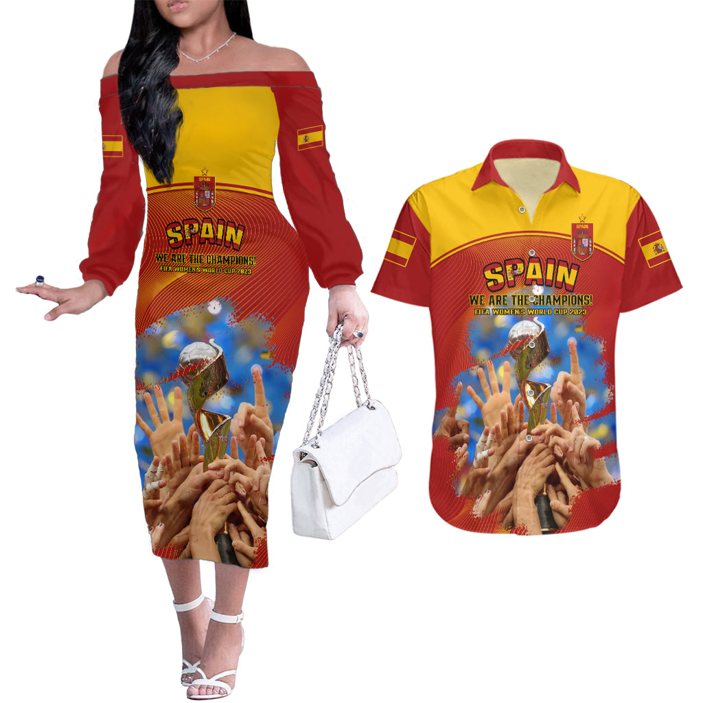 Spain Football Couples Matching Off The Shoulder Long Sleeve Dress and Hawaiian Shirt 2023 World Cup Champions Proud Of Our Girls - Wonder Print Shop