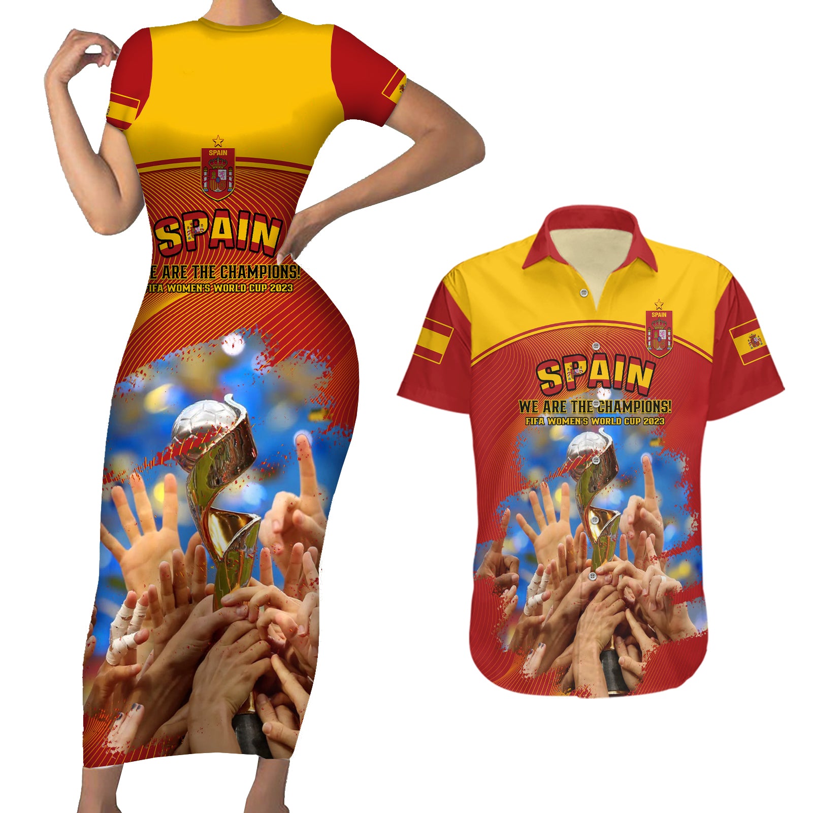 Spain Football Couples Matching Short Sleeve Bodycon Dress and Hawaiian Shirt 2023 World Cup Champions Proud Of Our Girls - Wonder Print Shop