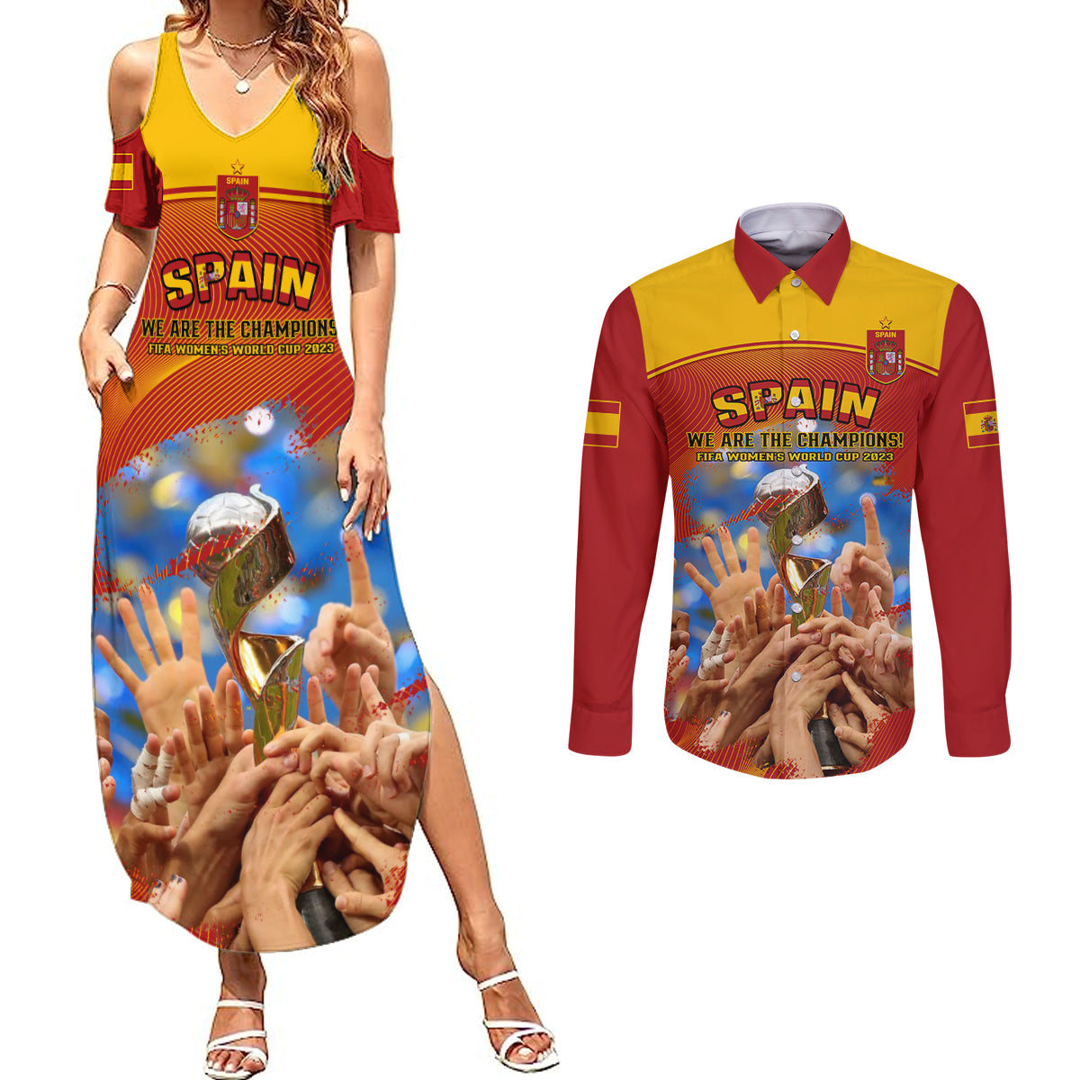 Spain Football Couples Matching Summer Maxi Dress and Long Sleeve Button Shirts 2023 World Cup Champions Proud Of Our Girls - Wonder Print Shop