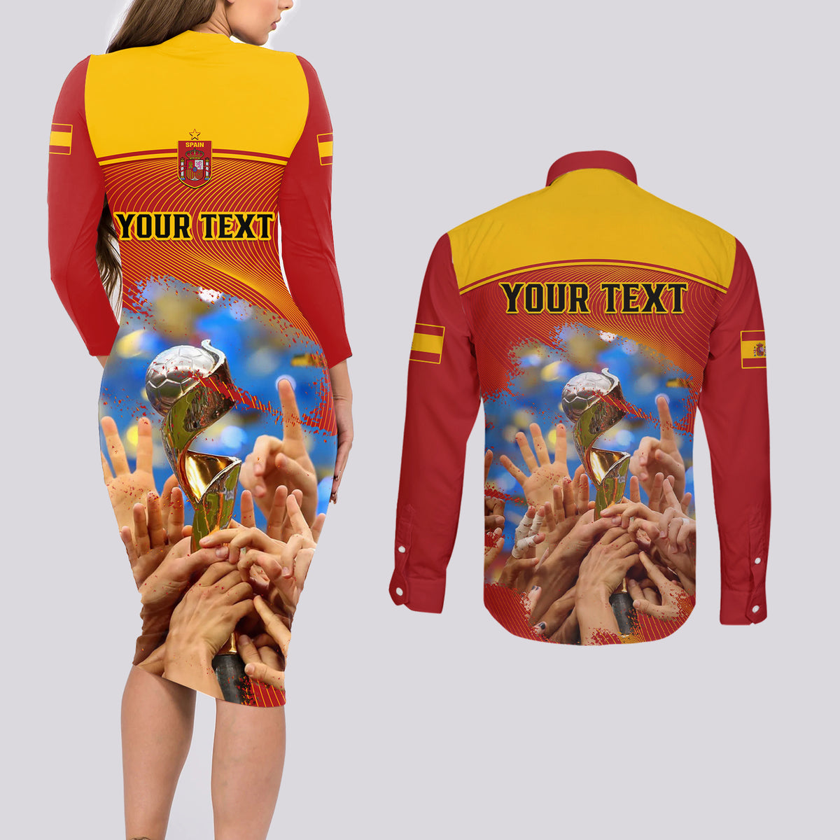 Custom Spain Football Couples Matching Long Sleeve Bodycon Dress and Long Sleeve Button Shirts 2023 World Cup Champions Proud Of Our Girls - Wonder Print Shop