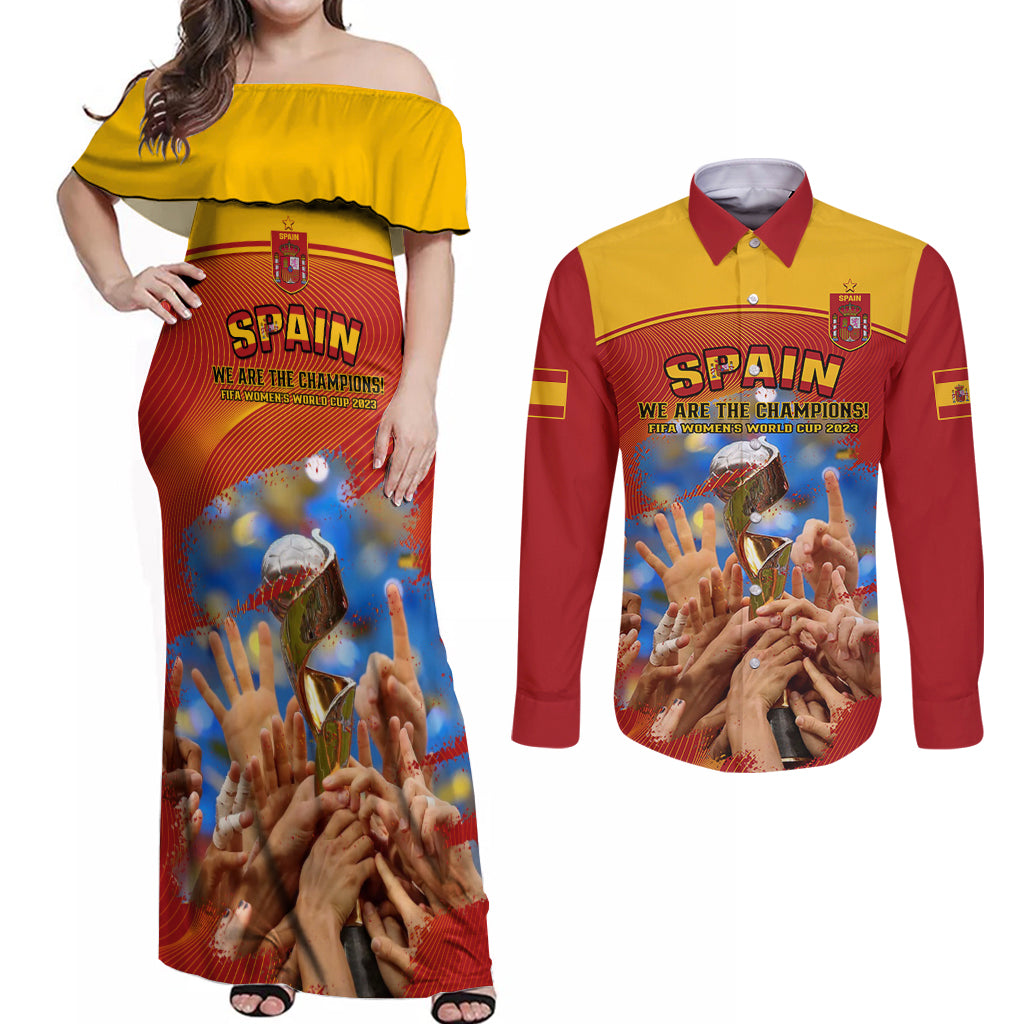 Custom Spain Football Couples Matching Off Shoulder Maxi Dress and Long Sleeve Button Shirts 2023 World Cup Champions Proud Of Our Girls - Wonder Print Shop