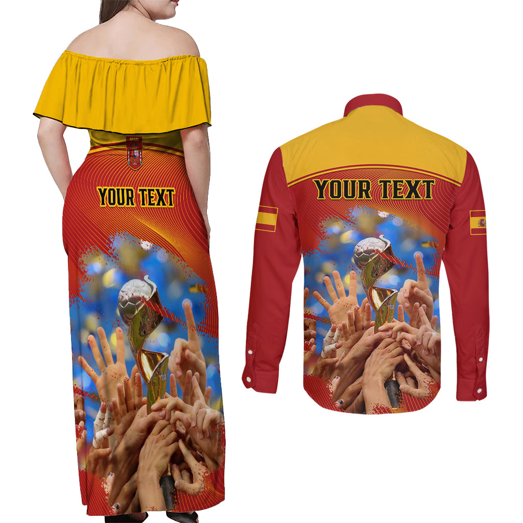 Custom Spain Football Couples Matching Off Shoulder Maxi Dress and Long Sleeve Button Shirts 2023 World Cup Champions Proud Of Our Girls - Wonder Print Shop