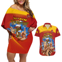 Custom Spain Football Couples Matching Off Shoulder Short Dress and Hawaiian Shirt 2023 World Cup Champions Proud Of Our Girls - Wonder Print Shop
