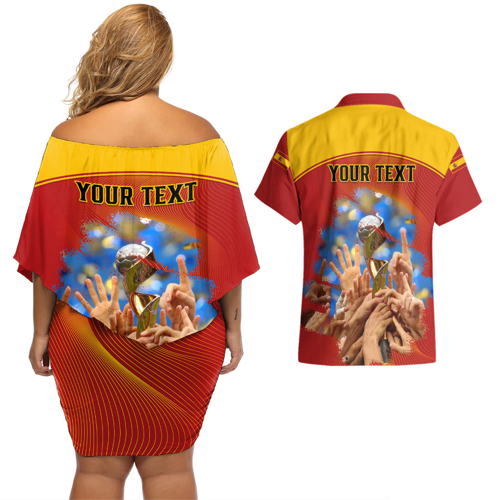 Custom Spain Football Couples Matching Off Shoulder Short Dress and Hawaiian Shirt 2023 World Cup Champions Proud Of Our Girls - Wonder Print Shop