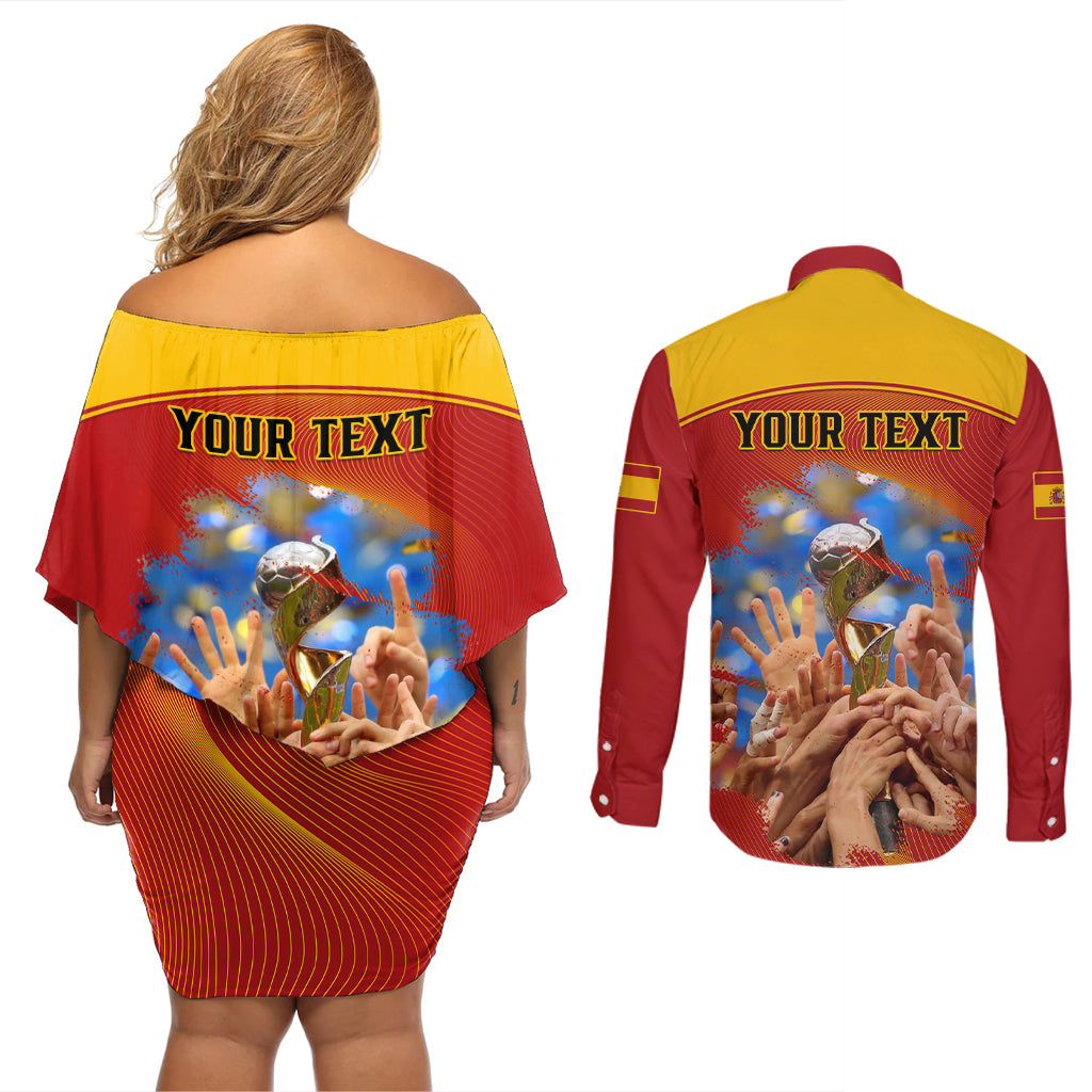 Custom Spain Football Couples Matching Off Shoulder Short Dress and Long Sleeve Button Shirts 2023 World Cup Champions Proud Of Our Girls - Wonder Print Shop