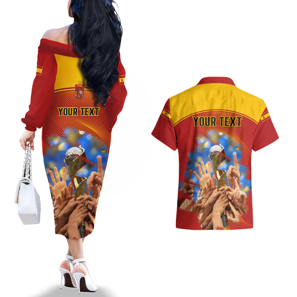 Custom Spain Football Couples Matching Off The Shoulder Long Sleeve Dress and Hawaiian Shirt 2023 World Cup Champions Proud Of Our Girls - Wonder Print Shop
