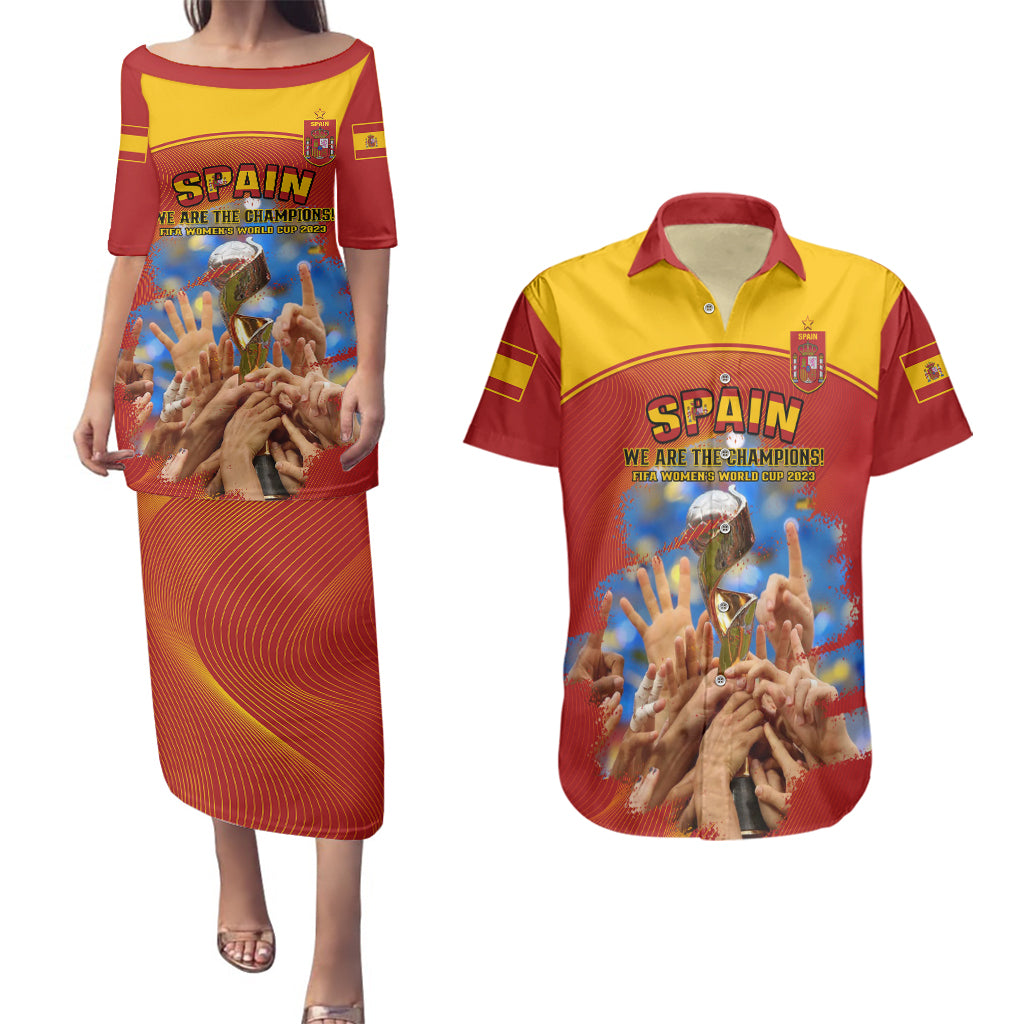 Custom Spain Football Couples Matching Puletasi Dress and Hawaiian Shirt 2023 World Cup Champions Proud Of Our Girls - Wonder Print Shop