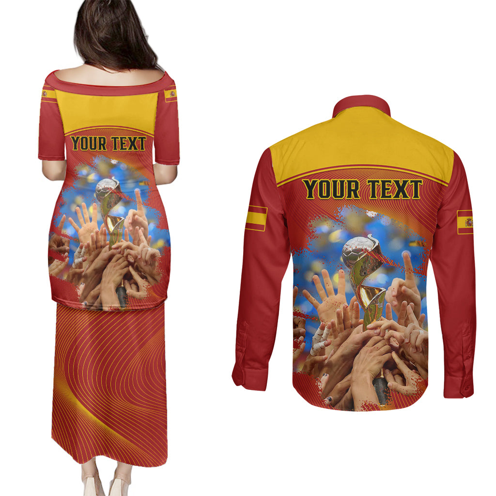 Custom Spain Football Couples Matching Puletasi Dress and Long Sleeve Button Shirts 2023 World Cup Champions Proud Of Our Girls - Wonder Print Shop