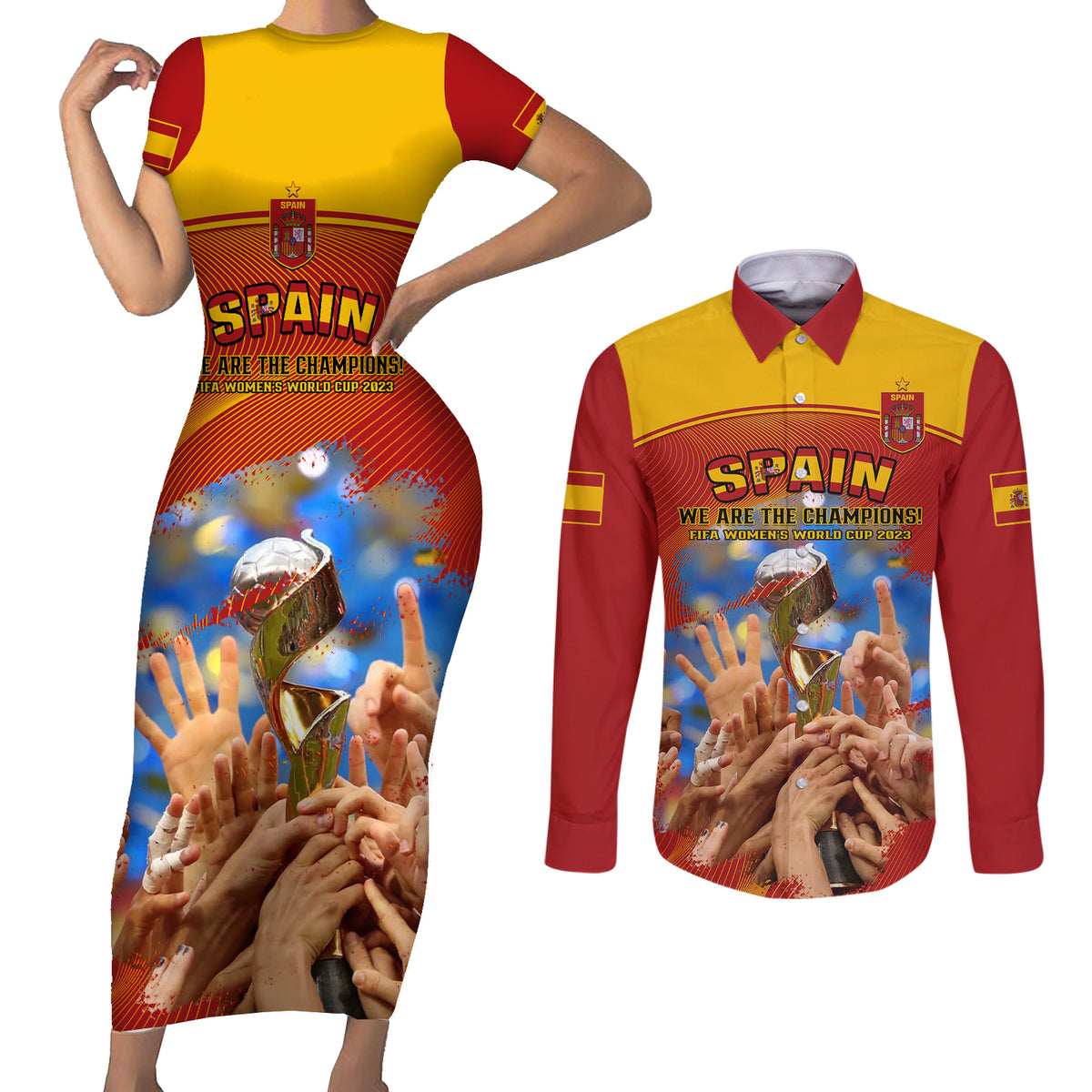 Custom Spain Football Couples Matching Short Sleeve Bodycon Dress and Long Sleeve Button Shirts 2023 World Cup Champions Proud Of Our Girls - Wonder Print Shop