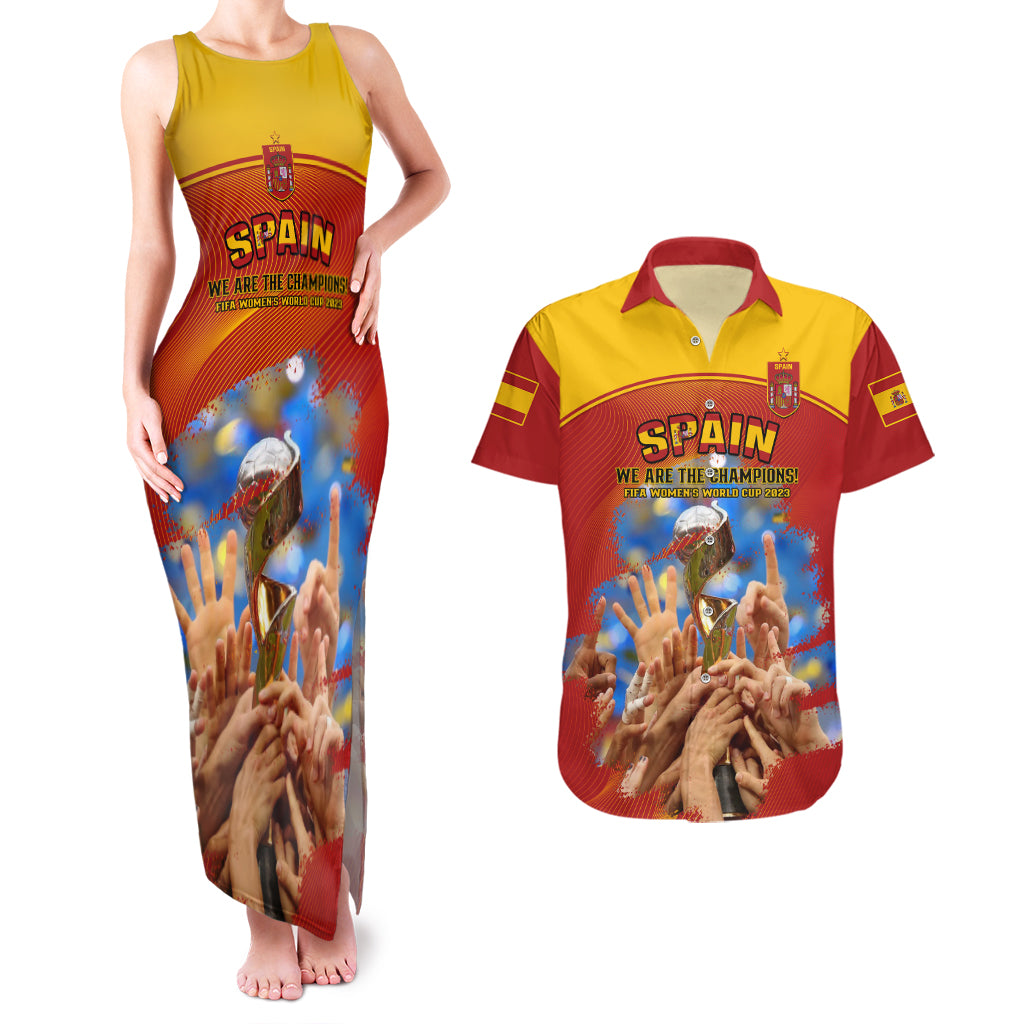Custom Spain Football Couples Matching Tank Maxi Dress and Hawaiian Shirt 2023 World Cup Champions Proud Of Our Girls - Wonder Print Shop
