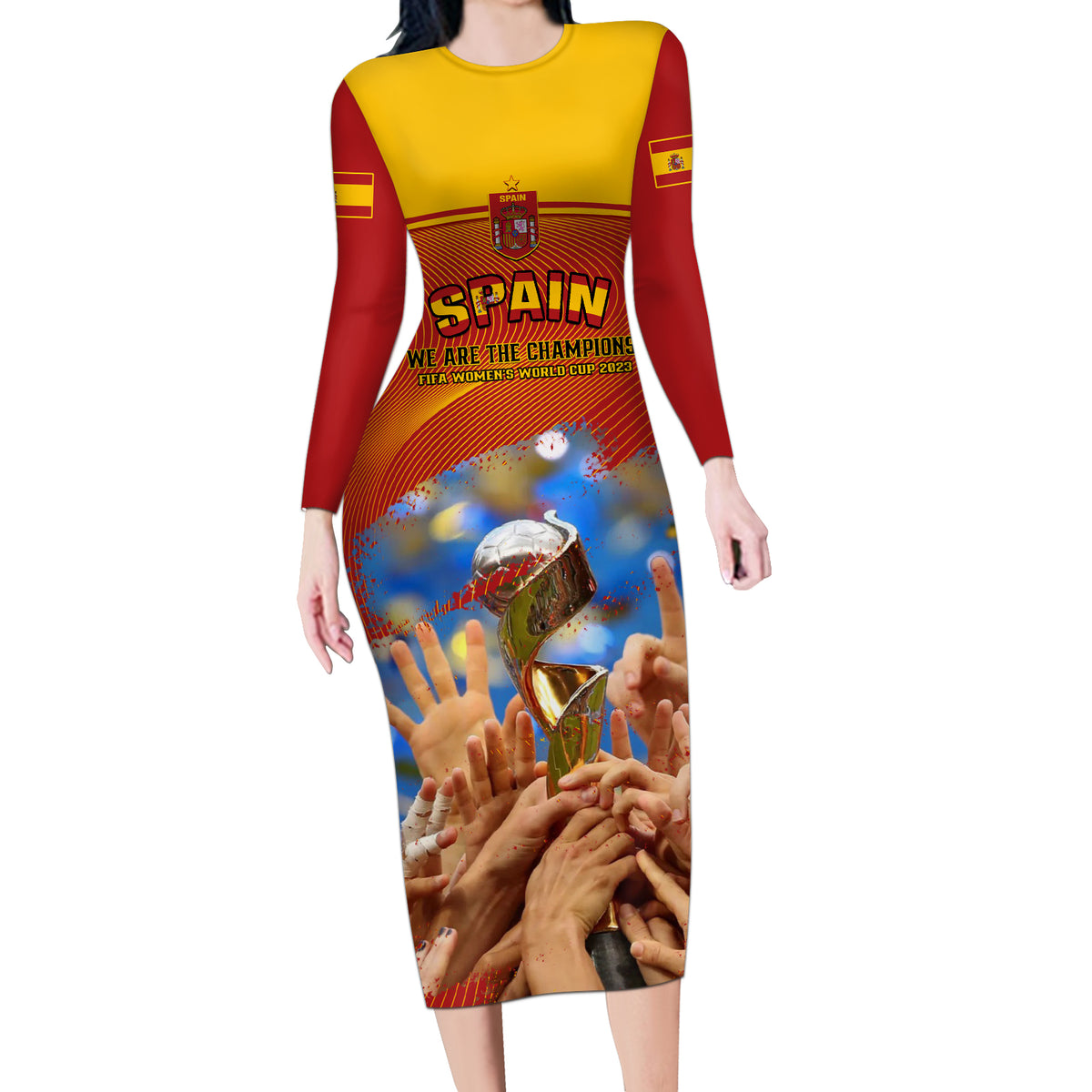Custom Spain Football Long Sleeve Bodycon Dress 2023 World Cup Champions Proud Of Our Girls - Wonder Print Shop
