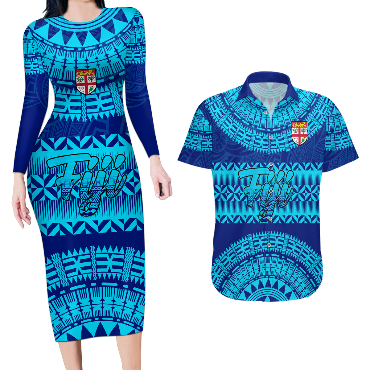 Personalised Fiji Couples Matching Long Sleeve Bodycon Dress and Hawaiian Shirt Unique Fijian Tapa Pattern With Coat Of Arms - Wonder Print Shop
