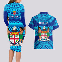 Personalised Fiji Couples Matching Long Sleeve Bodycon Dress and Hawaiian Shirt Unique Fijian Tapa Pattern With Coat Of Arms - Wonder Print Shop