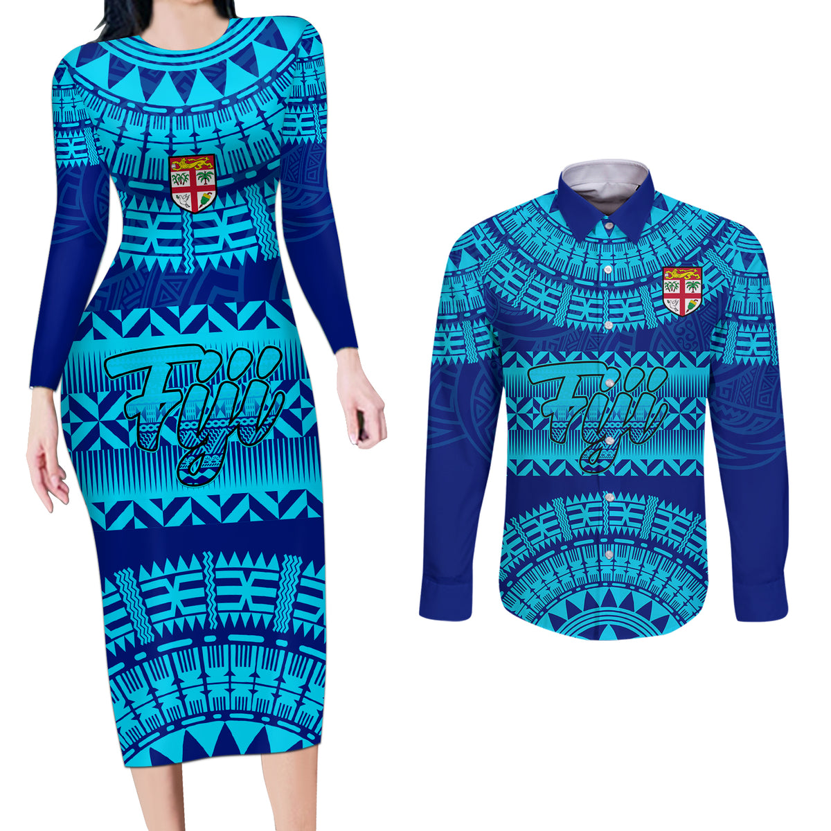 Personalised Fiji Couples Matching Long Sleeve Bodycon Dress and Long Sleeve Button Shirts Unique Fijian Tapa Pattern With Coat Of Arms - Wonder Print Shop