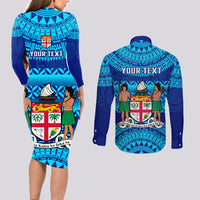 Personalised Fiji Couples Matching Long Sleeve Bodycon Dress and Long Sleeve Button Shirts Unique Fijian Tapa Pattern With Coat Of Arms - Wonder Print Shop