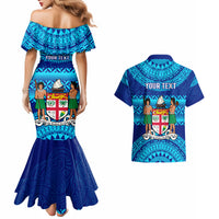 Personalised Fiji Couples Matching Mermaid Dress and Hawaiian Shirt Unique Fijian Tapa Pattern With Coat Of Arms - Wonder Print Shop