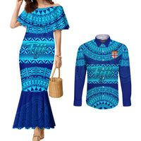 personalised-fiji-couples-matching-mermaid-dress-and-long-sleeve-button-shirts-unique-fijian-tapa-pattern-with-coat-of-arms