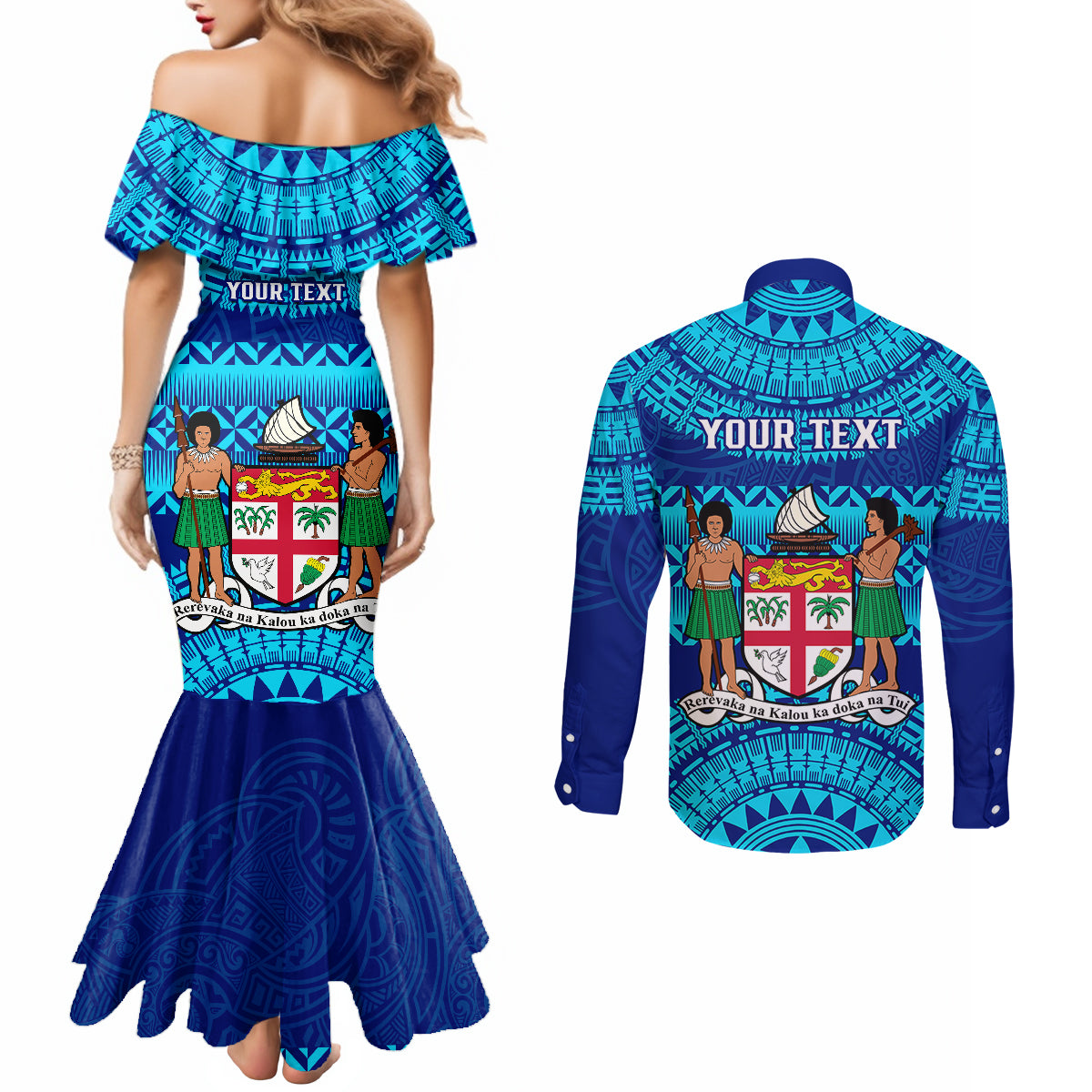 personalised-fiji-couples-matching-mermaid-dress-and-long-sleeve-button-shirts-unique-fijian-tapa-pattern-with-coat-of-arms