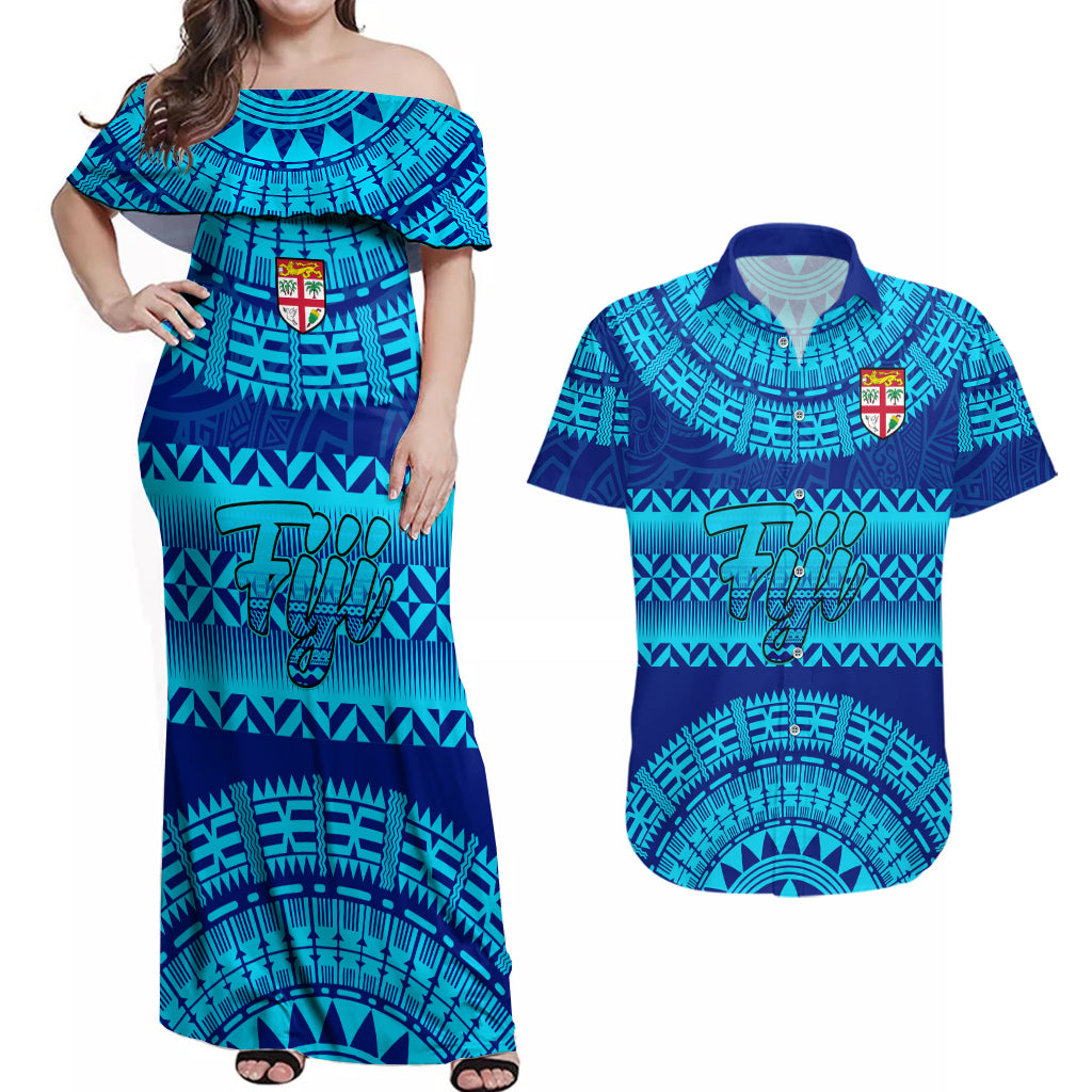 Personalised Fiji Couples Matching Off Shoulder Maxi Dress and Hawaiian Shirt Unique Fijian Tapa Pattern With Coat Of Arms - Wonder Print Shop