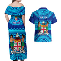 Personalised Fiji Couples Matching Off Shoulder Maxi Dress and Hawaiian Shirt Unique Fijian Tapa Pattern With Coat Of Arms - Wonder Print Shop