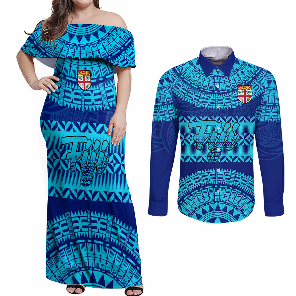 Personalised Fiji Couples Matching Off Shoulder Maxi Dress and Long Sleeve Button Shirts Unique Fijian Tapa Pattern With Coat Of Arms - Wonder Print Shop