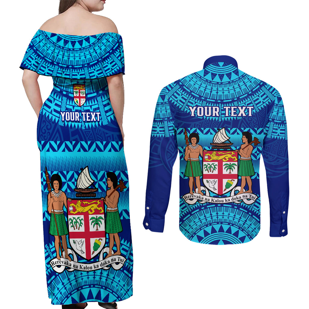 Personalised Fiji Couples Matching Off Shoulder Maxi Dress and Long Sleeve Button Shirts Unique Fijian Tapa Pattern With Coat Of Arms - Wonder Print Shop