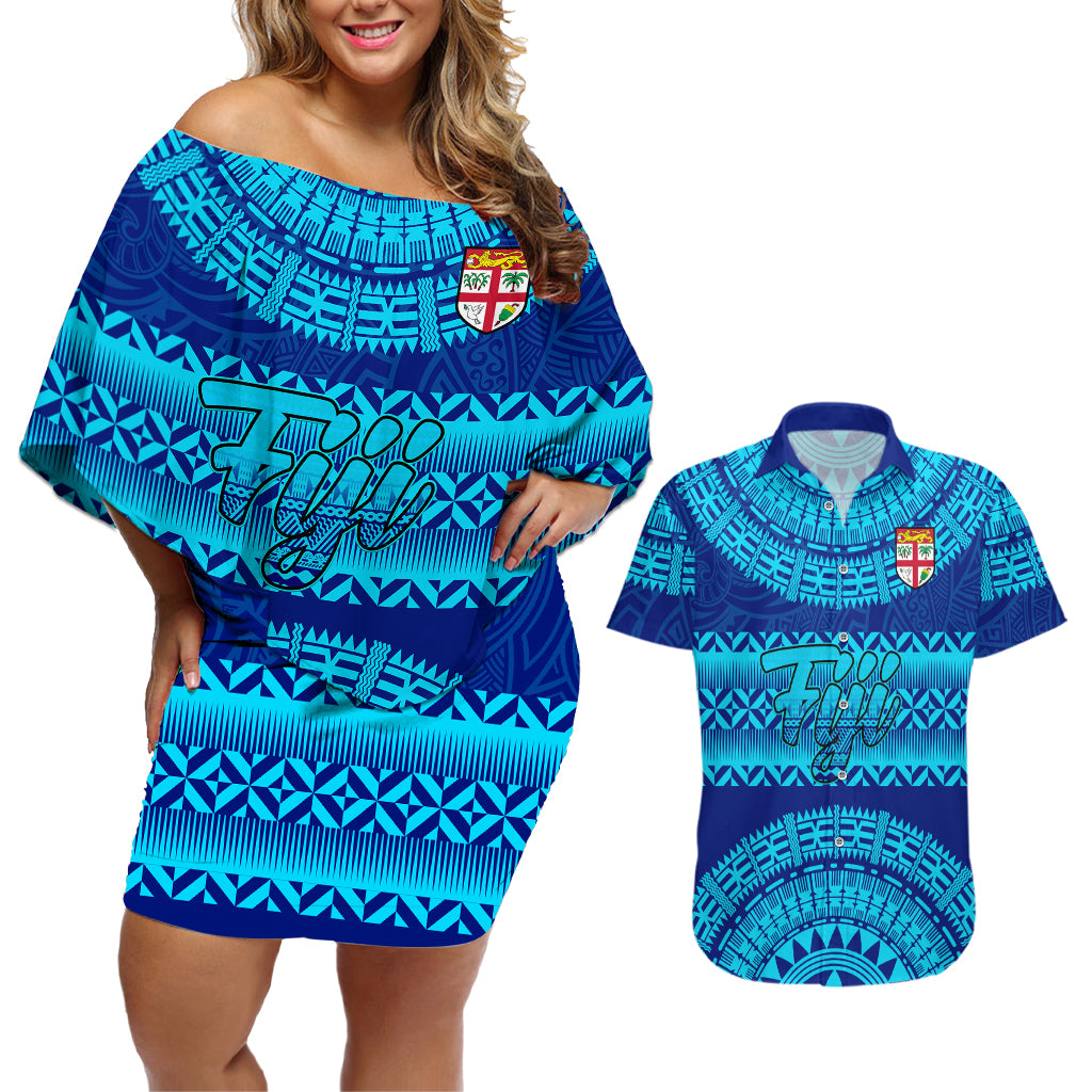 Personalised Fiji Couples Matching Off Shoulder Short Dress and Hawaiian Shirt Unique Fijian Tapa Pattern With Coat Of Arms - Wonder Print Shop