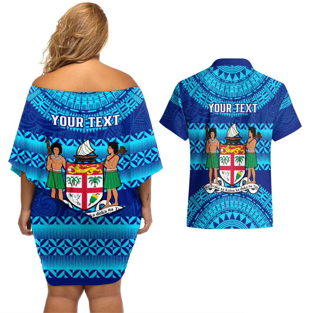 Personalised Fiji Couples Matching Off Shoulder Short Dress and Hawaiian Shirt Unique Fijian Tapa Pattern With Coat Of Arms - Wonder Print Shop