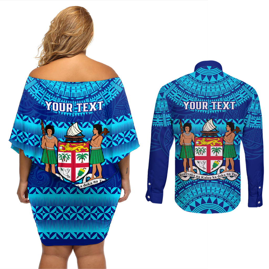 Personalised Fiji Couples Matching Off Shoulder Short Dress and Long Sleeve Button Shirts Unique Fijian Tapa Pattern With Coat Of Arms - Wonder Print Shop