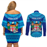 Personalised Fiji Couples Matching Off Shoulder Short Dress and Long Sleeve Button Shirts Unique Fijian Tapa Pattern With Coat Of Arms - Wonder Print Shop