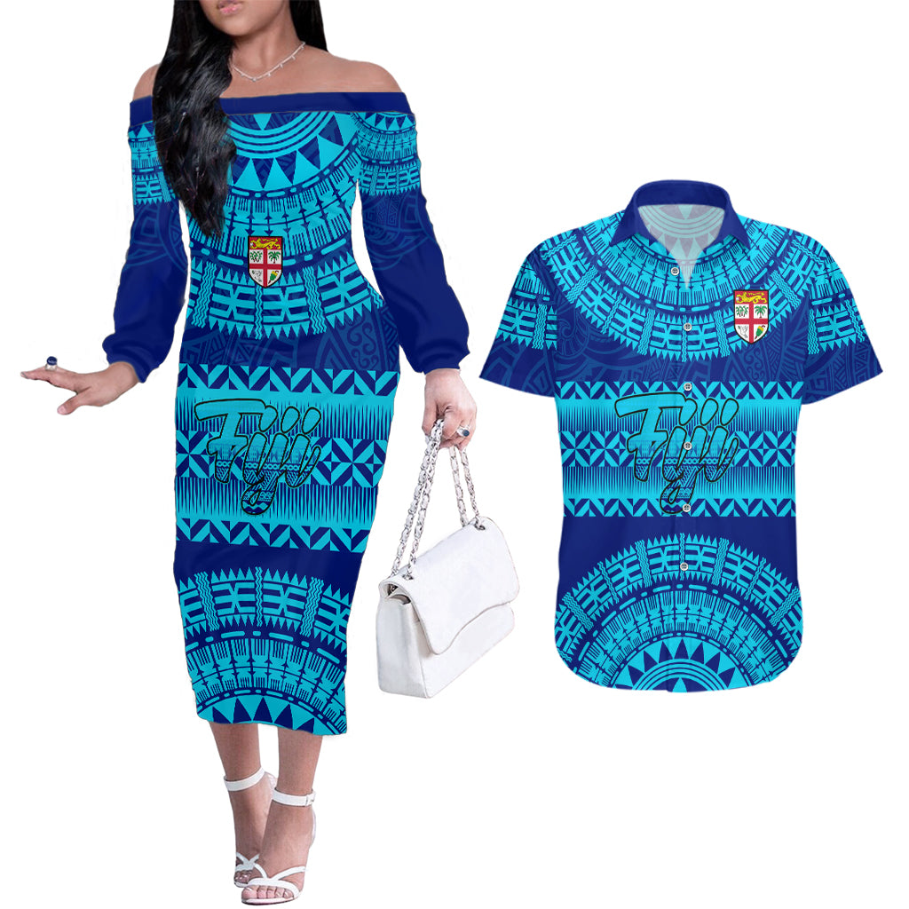 Personalised Fiji Couples Matching Off The Shoulder Long Sleeve Dress and Hawaiian Shirt Unique Fijian Tapa Pattern With Coat Of Arms - Wonder Print Shop
