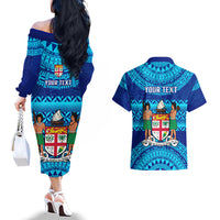 Personalised Fiji Couples Matching Off The Shoulder Long Sleeve Dress and Hawaiian Shirt Unique Fijian Tapa Pattern With Coat Of Arms - Wonder Print Shop