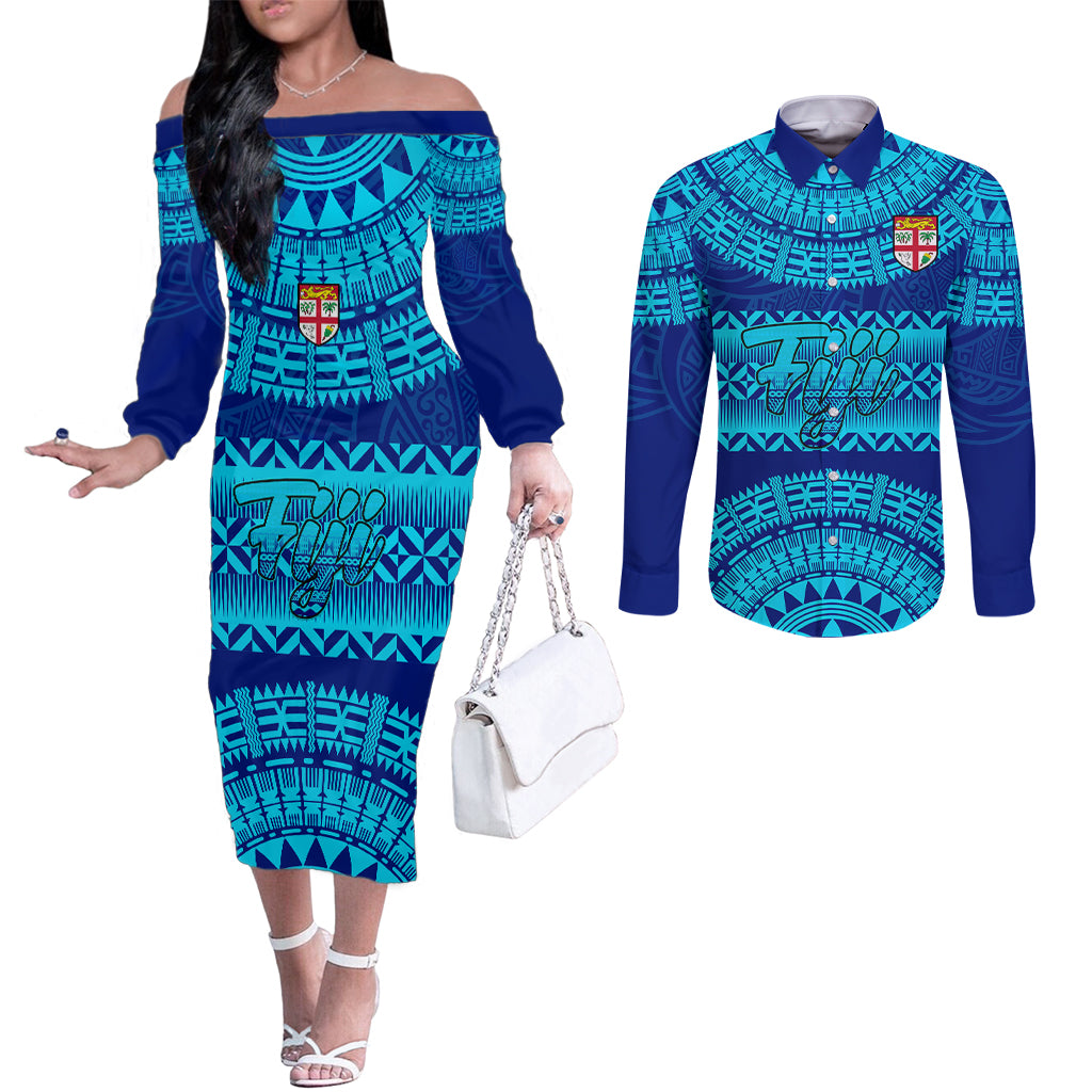 personalised-fiji-couples-matching-off-the-shoulder-long-sleeve-dress-and-long-sleeve-button-shirts-unique-fijian-tapa-pattern-with-coat-of-arms