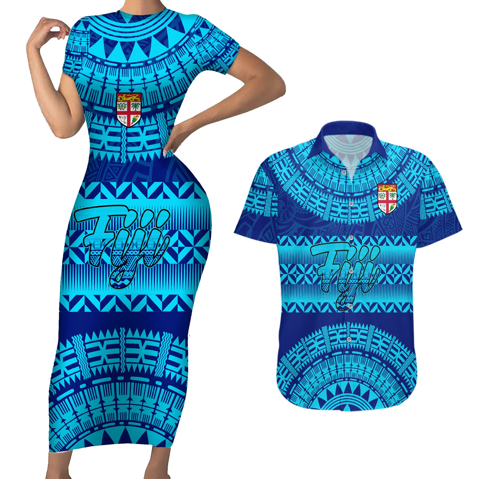 Personalised Fiji Couples Matching Short Sleeve Bodycon Dress and Hawaiian Shirt Unique Fijian Tapa Pattern With Coat Of Arms - Wonder Print Shop