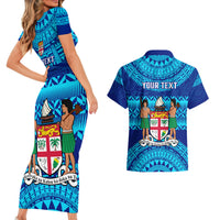 Personalised Fiji Couples Matching Short Sleeve Bodycon Dress and Hawaiian Shirt Unique Fijian Tapa Pattern With Coat Of Arms - Wonder Print Shop