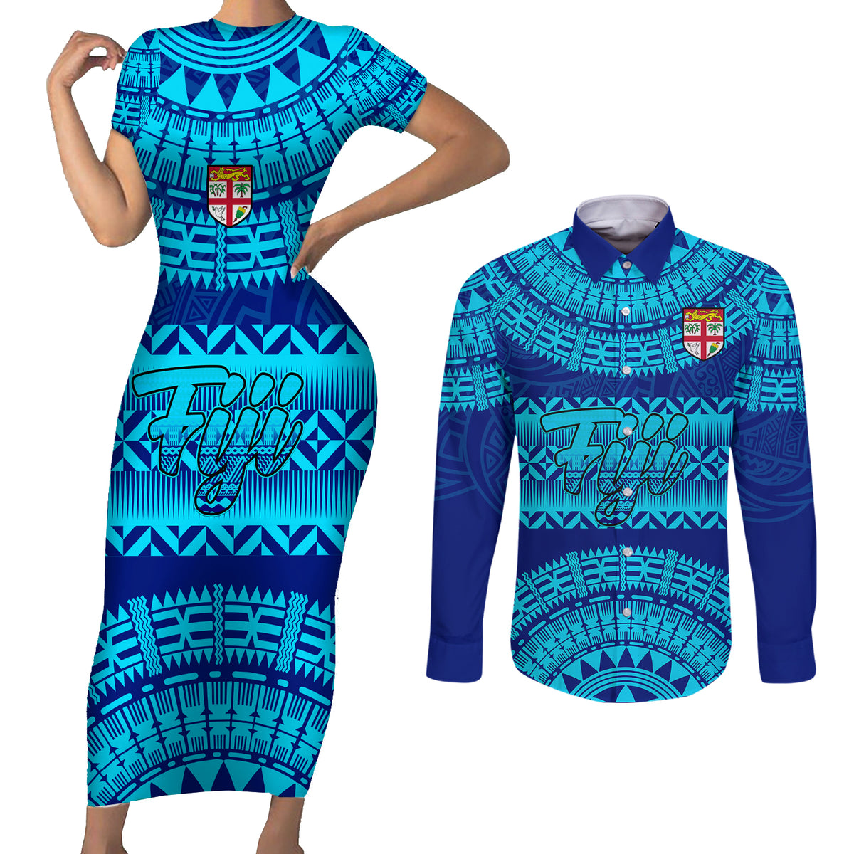 Personalised Fiji Couples Matching Short Sleeve Bodycon Dress and Long Sleeve Button Shirts Unique Fijian Tapa Pattern With Coat Of Arms - Wonder Print Shop