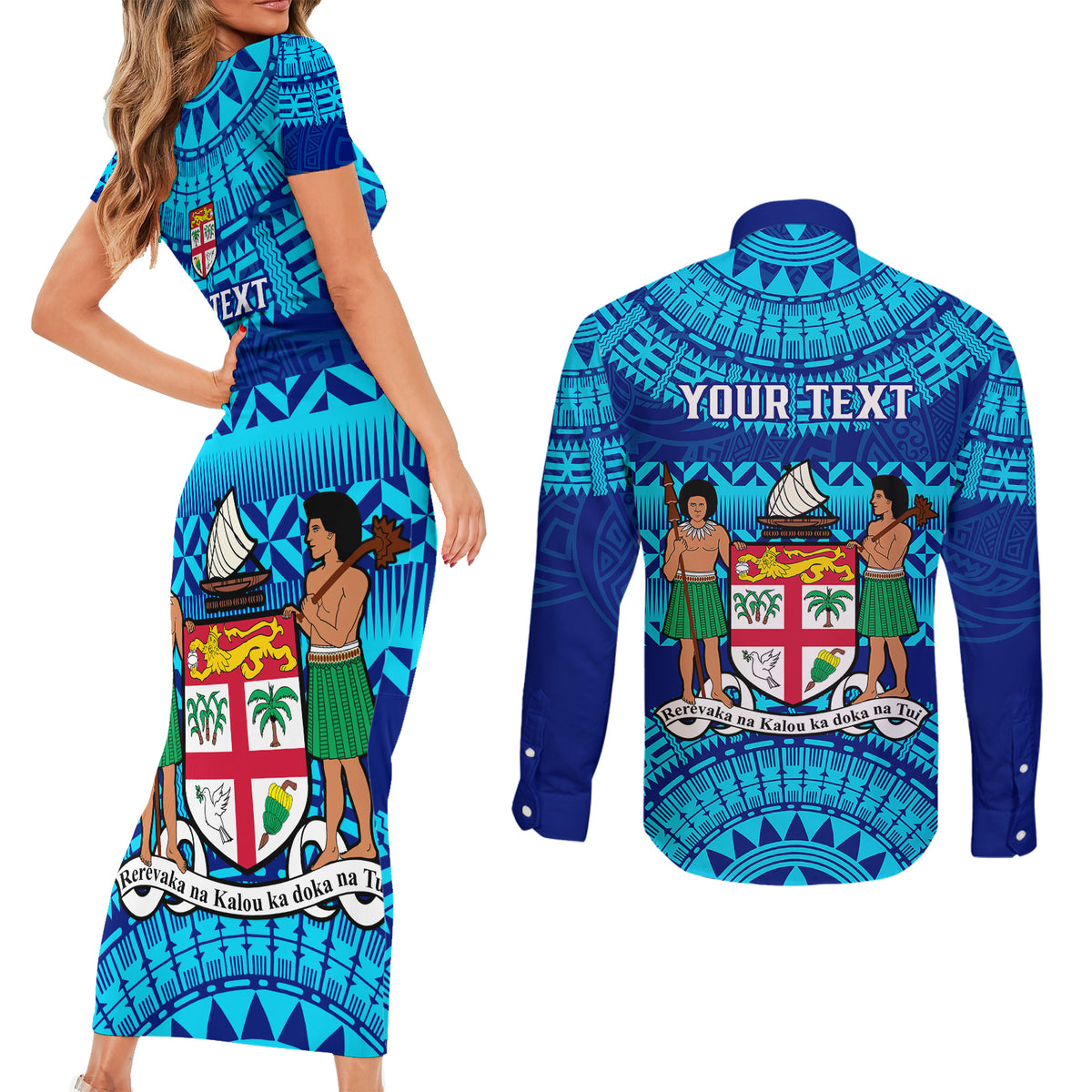 Personalised Fiji Couples Matching Short Sleeve Bodycon Dress and Long Sleeve Button Shirts Unique Fijian Tapa Pattern With Coat Of Arms - Wonder Print Shop