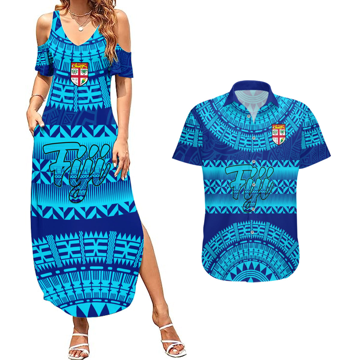 Personalised Fiji Couples Matching Summer Maxi Dress and Hawaiian Shirt Unique Fijian Tapa Pattern With Coat Of Arms - Wonder Print Shop