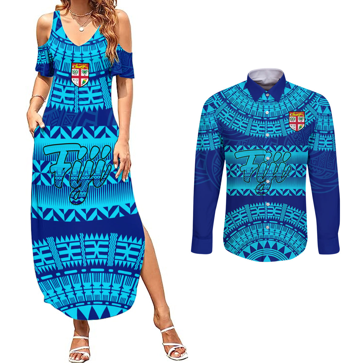 Personalised Fiji Couples Matching Summer Maxi Dress and Long Sleeve Button Shirts Unique Fijian Tapa Pattern With Coat Of Arms - Wonder Print Shop