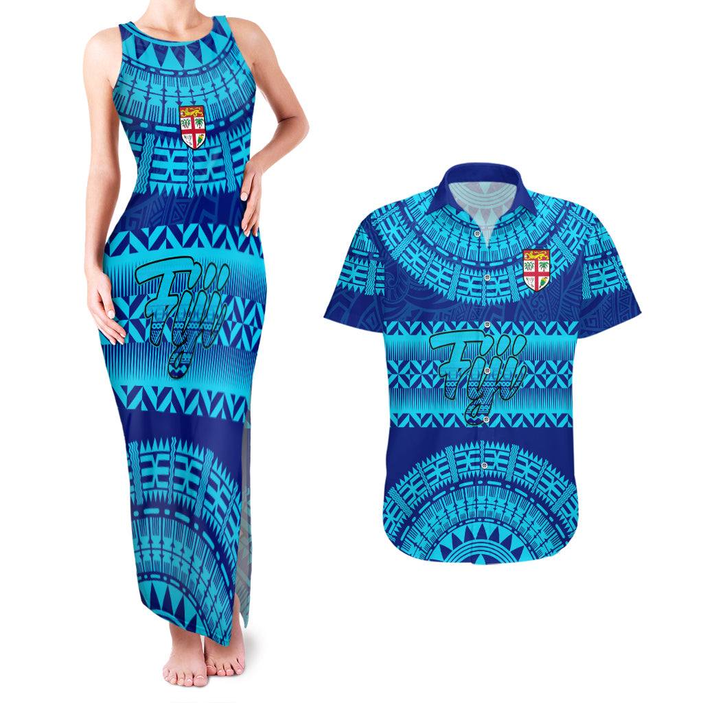 Personalised Fiji Couples Matching Tank Maxi Dress and Hawaiian Shirt Unique Fijian Tapa Pattern With Coat Of Arms - Wonder Print Shop