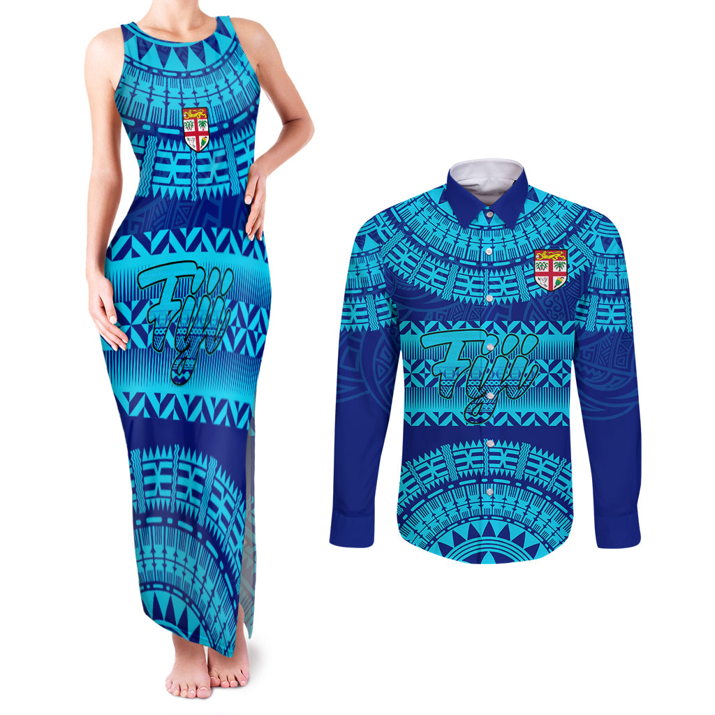 Personalised Fiji Couples Matching Tank Maxi Dress and Long Sleeve Button Shirts Unique Fijian Tapa Pattern With Coat Of Arms - Wonder Print Shop