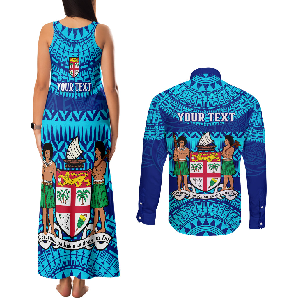 Personalised Fiji Couples Matching Tank Maxi Dress and Long Sleeve Button Shirts Unique Fijian Tapa Pattern With Coat Of Arms - Wonder Print Shop