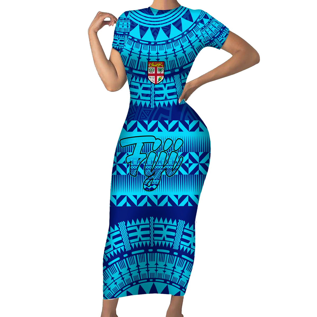 Personalised Fiji Short Sleeve Bodycon Dress Unique Fijian Tapa Pattern With Coat Of Arms - Wonder Print Shop