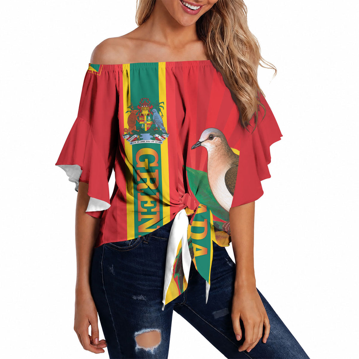 Grenada Dove Nutmeg Off Shoulder Wrap Waist Top Island of Spice Proud