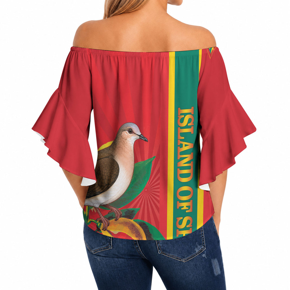 Grenada Dove Nutmeg Off Shoulder Wrap Waist Top Island of Spice Proud