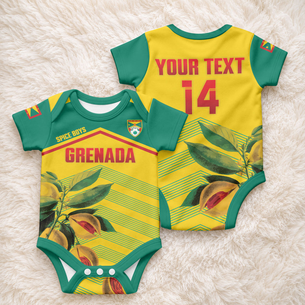 Grenada Football 2026 Custom Baby Onesie Go Spice Boys Nutmeg Yellow Version
