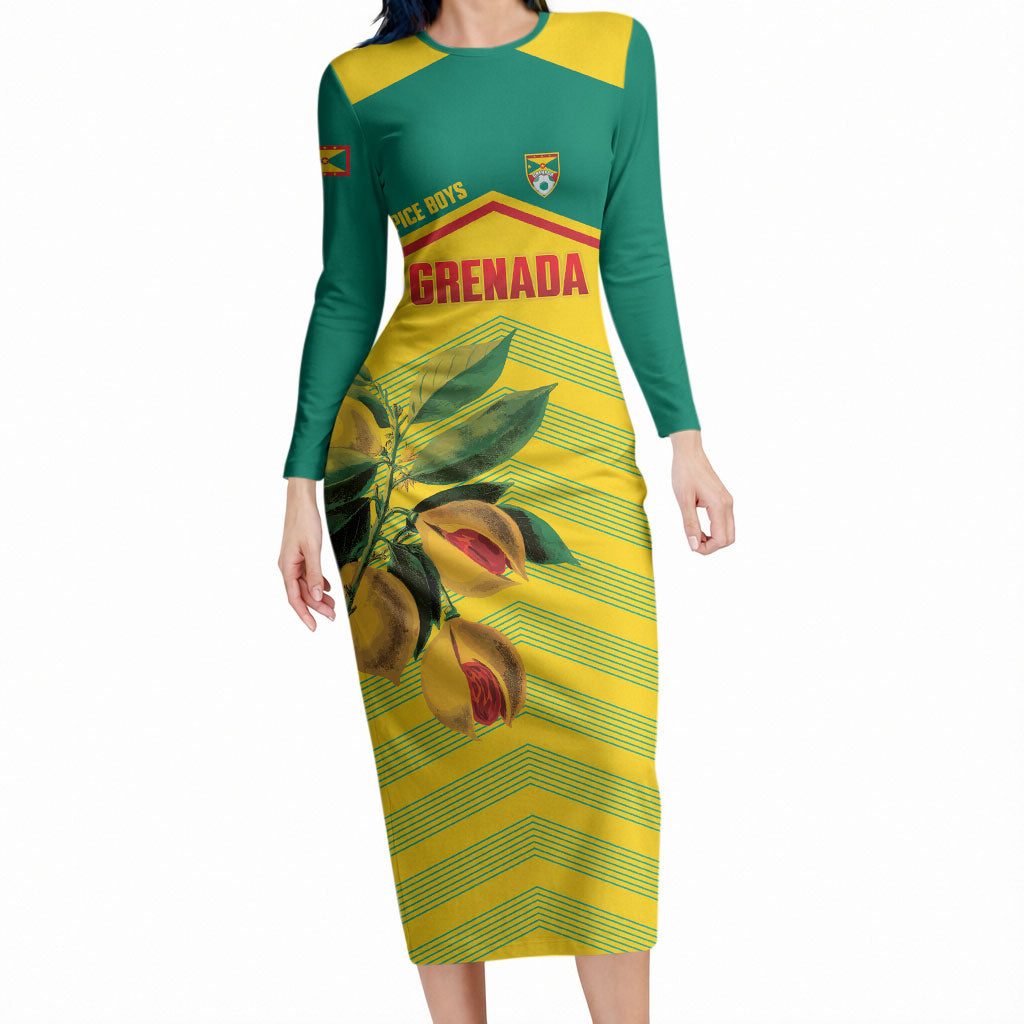 Grenada Football 2026 Custom Long Sleeve Bodycon Dress Go Spice Boys Nutmeg Yellow Version