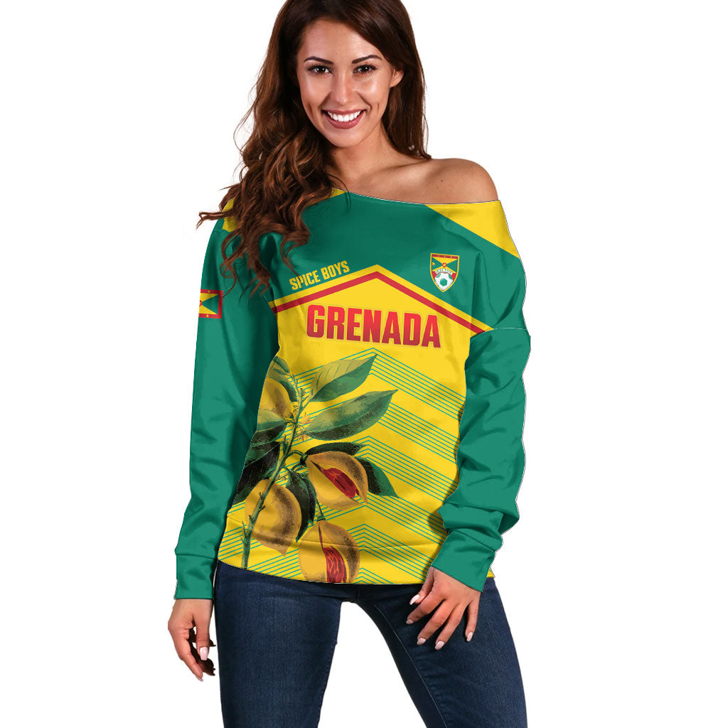 Grenada Football 2026 Custom Off Shoulder Sweater Go Spice Boys Nutmeg Yellow Version