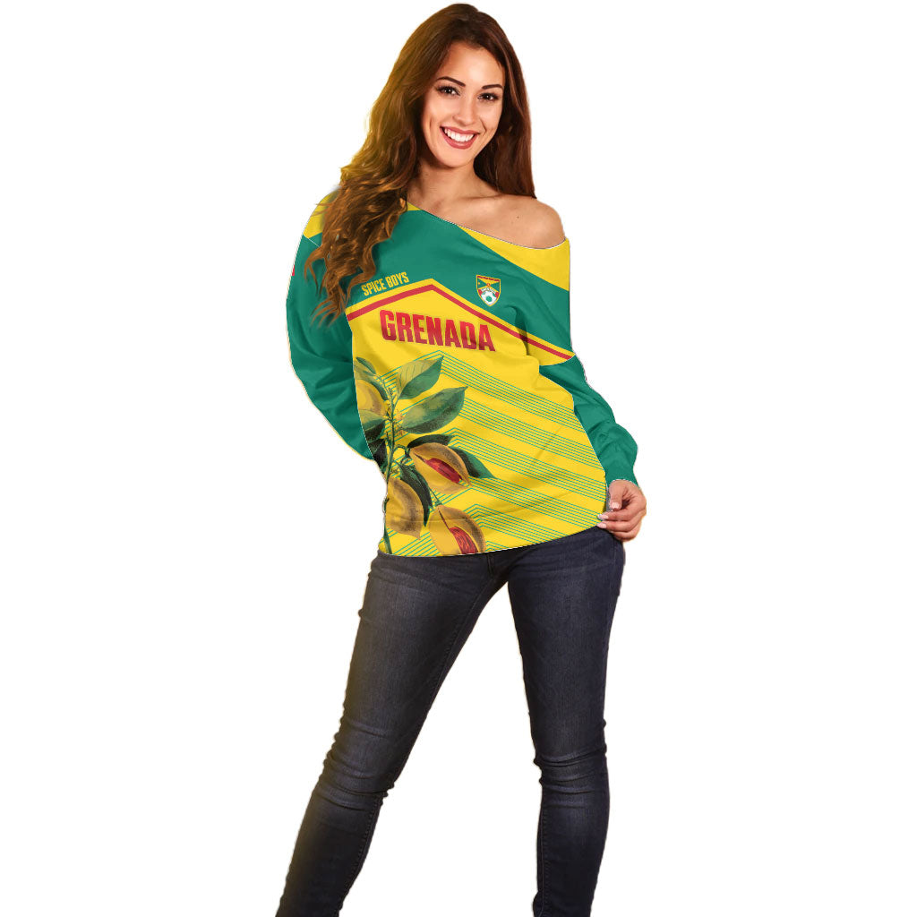 Grenada Football 2026 Custom Off Shoulder Sweater Go Spice Boys Nutmeg Yellow Version
